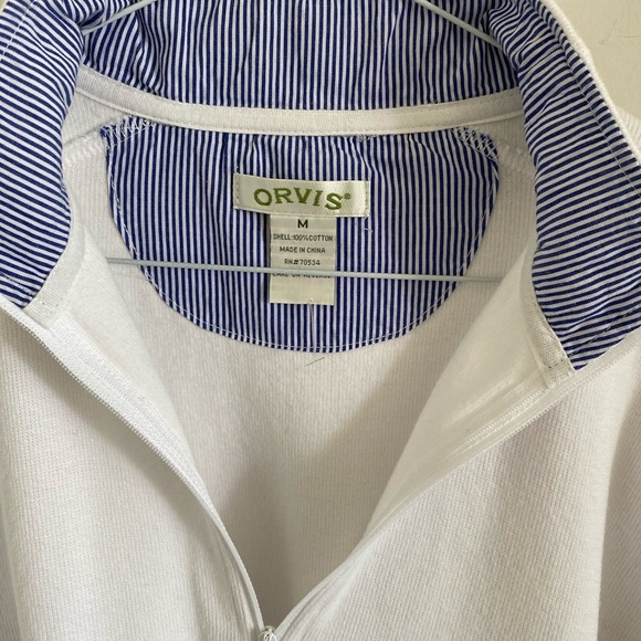 Orvis Pullover Top Sweatshirt Long Sleeves White w/ Striped Trim Cotton Sz M - Picture 3 of 6